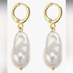 Gold Hoop Baroque Freshwater Pearl Drop Earrings 14K Gold Plated Statement Lux